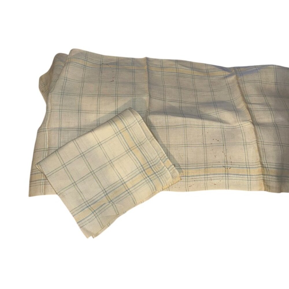 Vintage 100% LINEN 17x38" off white chambray blue window pane plaid table runner
